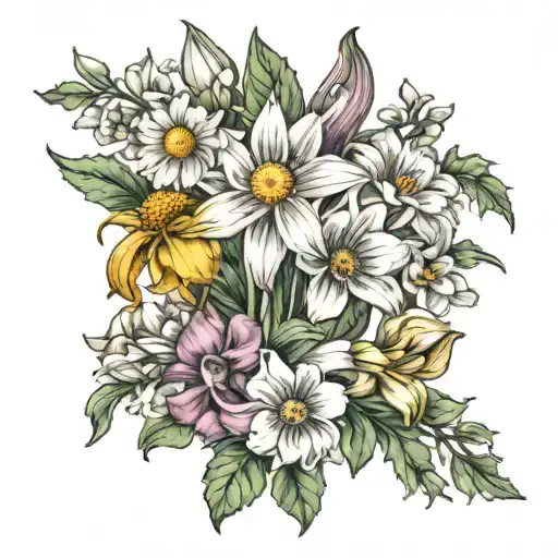 daisy and sweet pea with Narcissus & Holly bouquet tattoo design idea