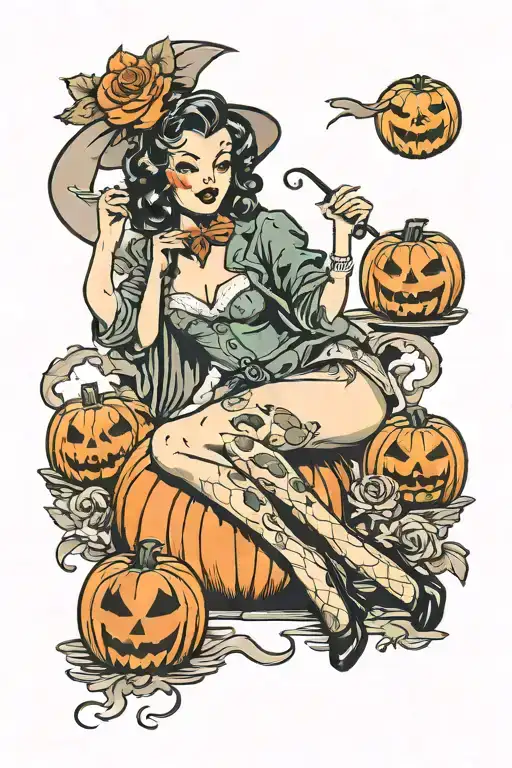 pin up girl halloween jack o lantern tattoo design idea