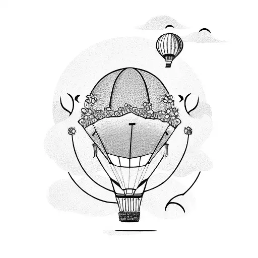 A surreal and dreamy scene of a hot air balloon floating over a field of blooming flowers tattoo design idea