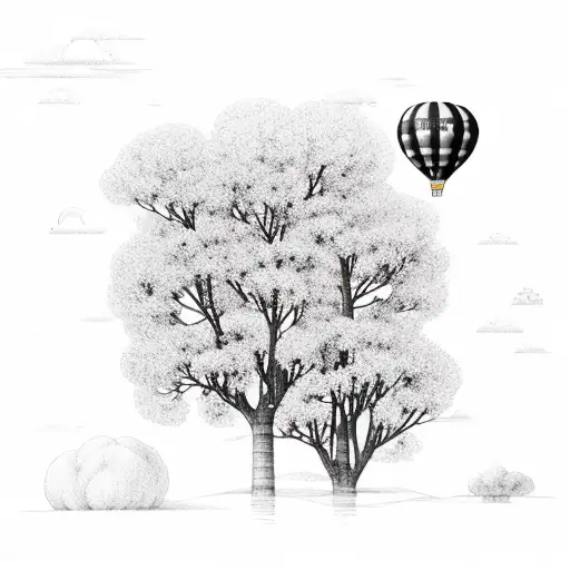 A surreal and dreamy scene of a hot air balloon floating over a field of blooming flowers tattoo design idea
