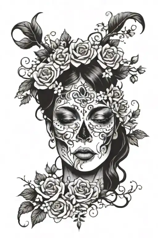persephone with flowers, scattered skulls and roots tattoo design idea