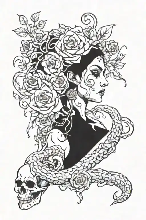 persephone with flowers, snakes and skulls with shadows tattoo design idea