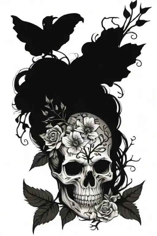 persephone with flowers, skull and branches with shadow tattoo design idea