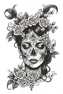 persephone with flowers, scattered skulls and roots tattoo design idea