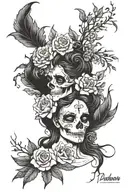 persephone with flowers, scattered skulls and roots tattoo design idea
