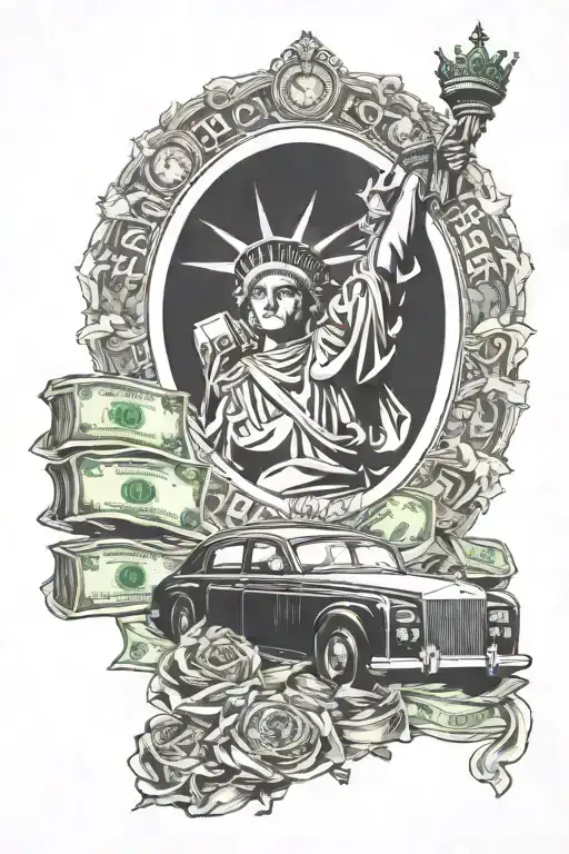 Statue of Liberty, Rolls Royce, money, Rolex tattoo design idea