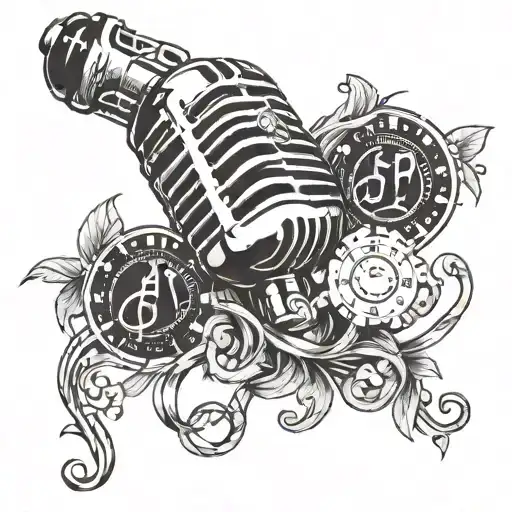 A tattoo design featuring a microphone intertwined with musical notes and casino chips tattoo design idea
