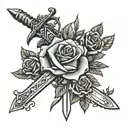 sword surrounded by roses and thorns tattoo design idea