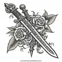 sword surrounded by roses and thorns tattoo design idea