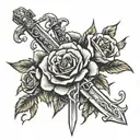 sword surrounded by roses and thorns tattoo design idea