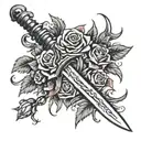 sword surrounded by roses and thorns tattoo design idea
