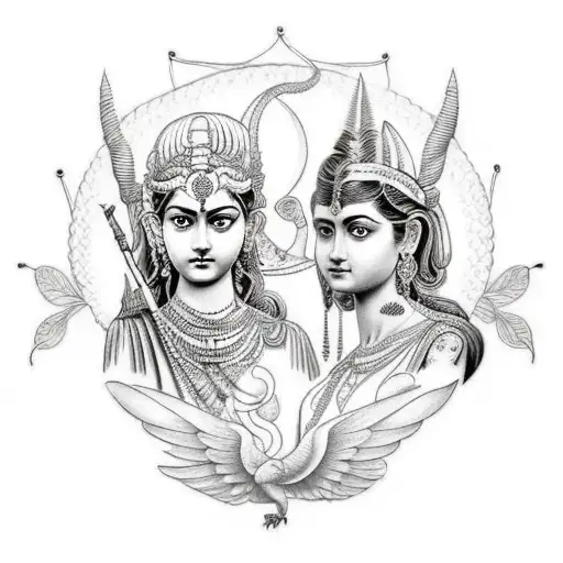 A tattoo featuring Athena and Saraswati, the goddesses of wisdom, in a detailed blackwork style tattoo design idea