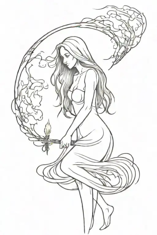 Witch burning at the stake in a dress with long hair  tattoo design idea
