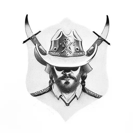 A cowboy hat adorned with Viking symbols and crossed swords tattoo design idea