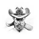 A cowboy hat adorned with Viking symbols and crossed swords tattoo design idea
