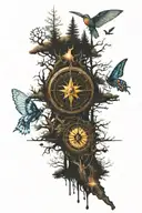 (masterpiece), compass, forrest, butte rfly, surreal  tattoo design idea