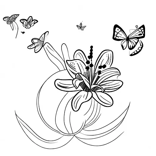 one Lily flower with 3 small butterflies around it tattoo design idea