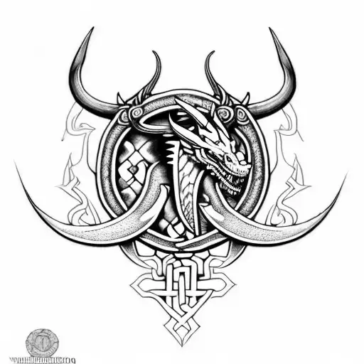doble Dragón Vikingo con una oración en alfabeto vikingo que diga Josefina mí amor por siempre tattoo design idea