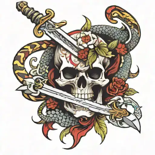 skull sword snake tattoo design idea