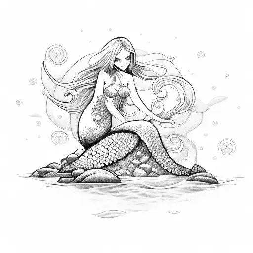 A mermaid sitting on a rock, surrounded by swirling waves tattoo design idea