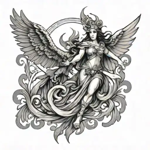 Goddess Athena fighting a phoenix tattoo design idea