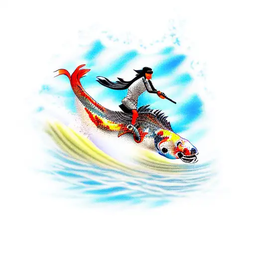 A koi fish riding a motorcycle along the beach at sunset tattoo design idea