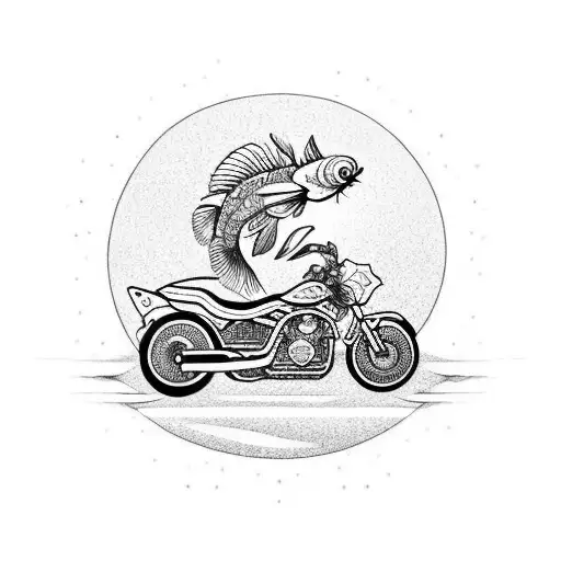 A koi fish riding a motorcycle along the beach at sunset tattoo design idea