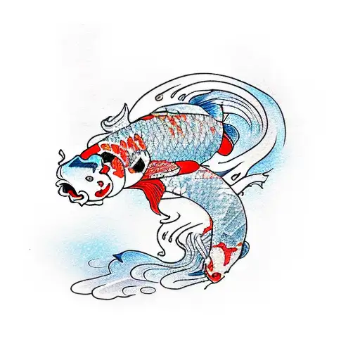 A koi fish riding a motorcycle along the beach at sunset tattoo design idea