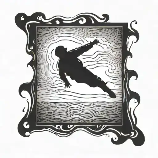 There is a black rectangle, and inside the rectangle, there is the silhouette of this person diving into nothingness tattoo design idea
