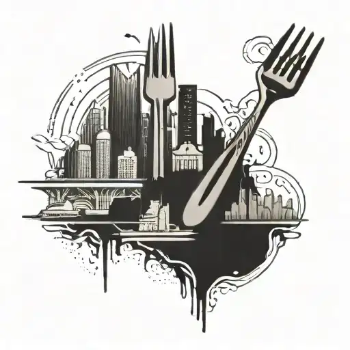 A tattoo design featuring a detailed skyline of San Diego with a fork and knife intertwined, symbolizing your love for food and your favorite city tattoo design idea
