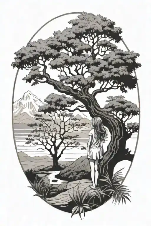 little girl at the feet of the tree of life looks at the sky with virgin. sea and mountain background. cross. fern leaves. tattoo design idea