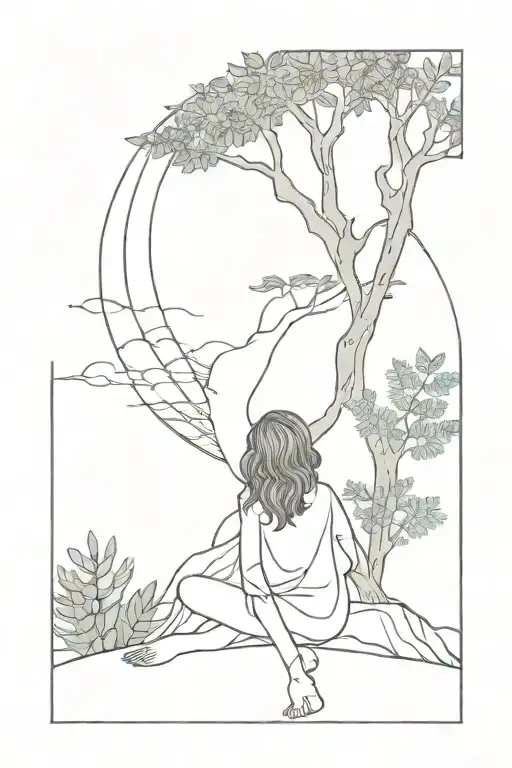 little girl sitting at the foot of a tree of life. looking at the sky with virgin. Sea and mountain background. cross. ferns tattoo design idea