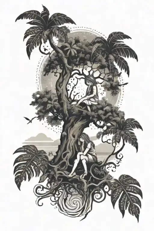 little girl sitting at the foot of a tree of life. looking at the sky with virgin. Sea and mountain background. cross. ferns tattoo design idea