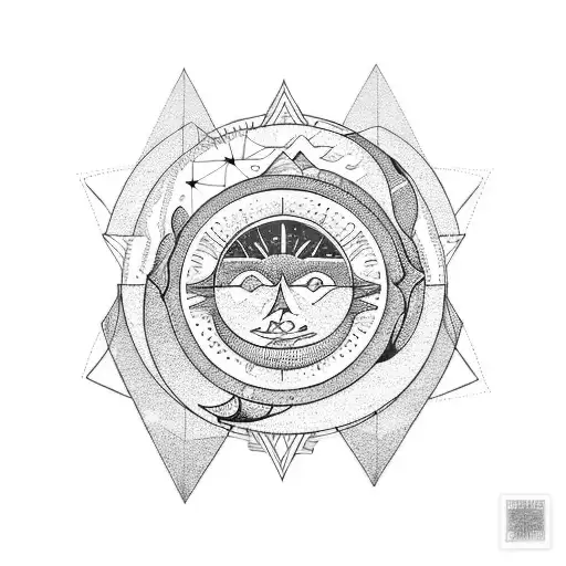 geometric design featuring the sun and moon. Mountains, plants, sea. features the words "you'll find the light" tattoo design idea