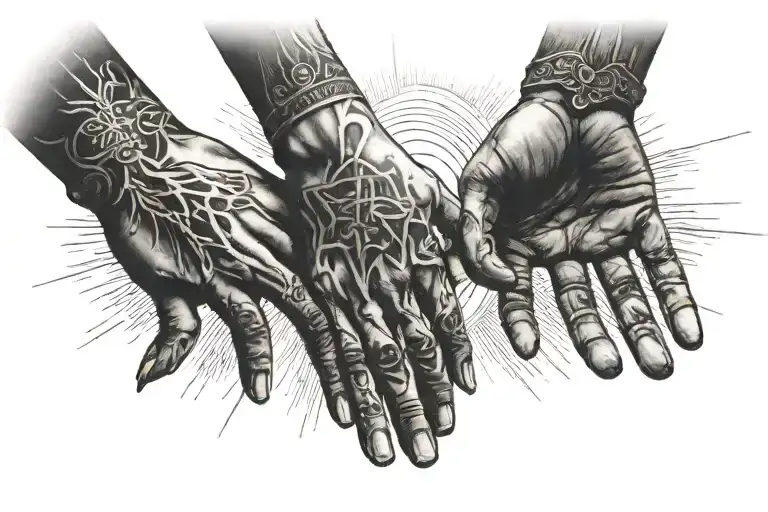 two hands touching sunlight in the background black tattoo design idea