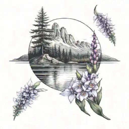 lake surrounded by foxgloves with a mountain background tattoo design idea