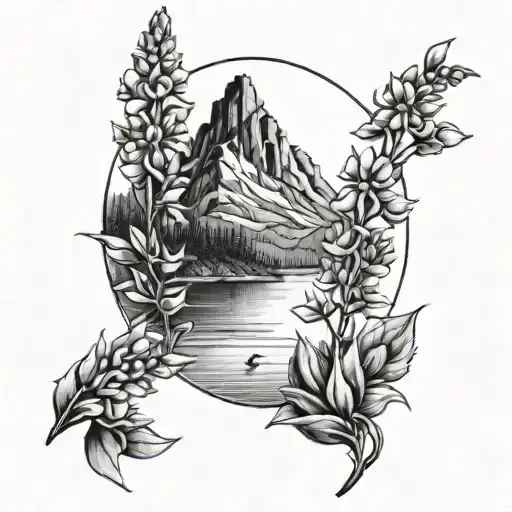 lake surrounded by foxgloves with a mountain background tattoo design idea