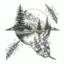 lake surrounded by a field of foxgloves with a mountain background tattoo design idea