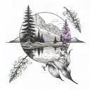lake surrounded by a field of foxgloves with a mountain background tattoo design idea