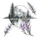 lake surrounded by a field of foxgloves with a mountain background tattoo design idea