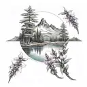 lake surrounded by a field of foxgloves with a mountain background tattoo design idea