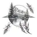 lake surrounded by a field of foxgloves with a mountain background tattoo design idea