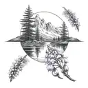 lake surrounded by a field of foxgloves with a mountain background tattoo design idea