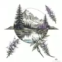 lake surrounded by a field of foxgloves with a mountain background tattoo design idea