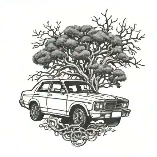 A family tree intertwined with car parts tattoo design idea