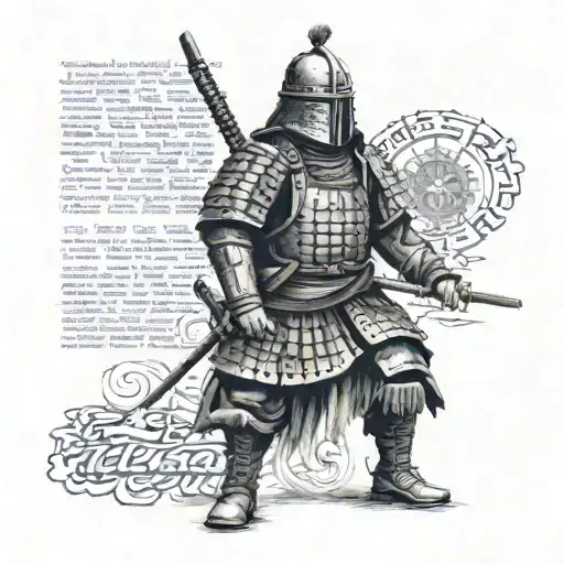 a samurai warrior, a roman legion soldier, a member of seal team 6, with christian scriptures in the background tattoo design idea