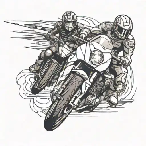 A sleek motorcycle and sports car racing side by side, with anime characters riding them tattoo design idea