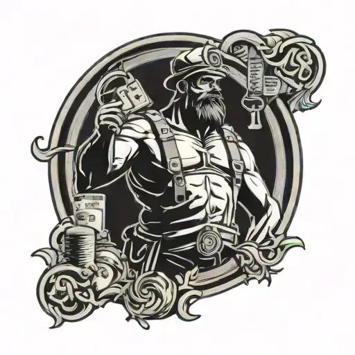 A blue collar worker silhouette with a halo of money and a god symbol above tattoo design idea