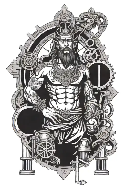 A tattoo of a money god surrounded by symbols of wealth and prosperity, with a background of industrial machinery to represent blue-collar work ethic tattoo design idea