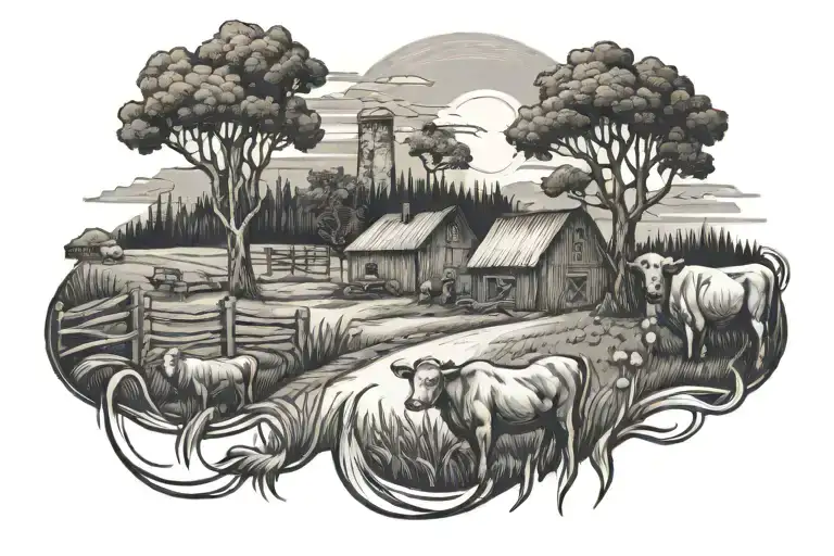 Incorporate a detailed welding torch and sparks into a farm landscape scene tattoo design idea